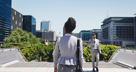 Walking, back and businesswoman in city with travel for corporate legal career with commuting....