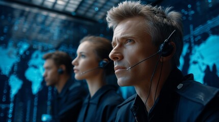 Group of focused military personnel track critical information on a world map displayed on screens, coordinating responses in a modern command room filled with technology