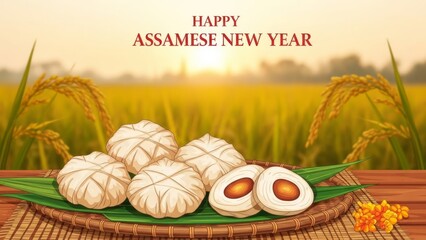 Assamese New Year festival food with rice field background