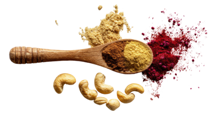 Wood spoon with spices, cashew nuts, and a burst of reddish powder