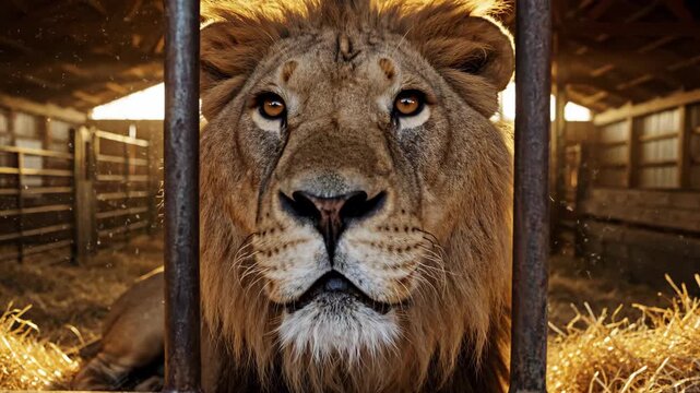 Majestic Lion in Captivity - A Powerful Gaze Through the Bars.