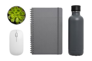 Gray notebook with spiral binding next to a reusable water bottle white computer mouse and potted succulent plant