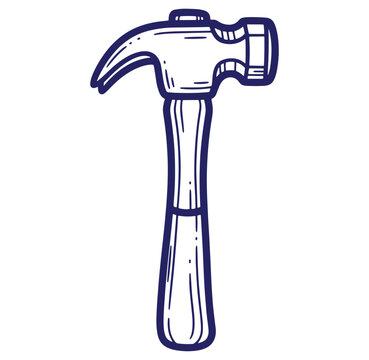 Hand drawn illustration of a classic hammer construction tool isolated on white background.