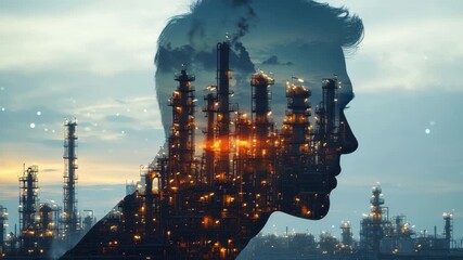 Double exposure of a businessman reflecting the silhouette of a refinery plant during dusk, showcasing the synergy between industry and ambition - Powered by Adobe
