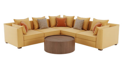 Comfortable yellow corner sofa with multicolored cushions and a wooden coffee table on white background for living