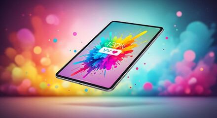 Floating tablet displaying colorful splash with percentage and heart on an abstract background ai generated