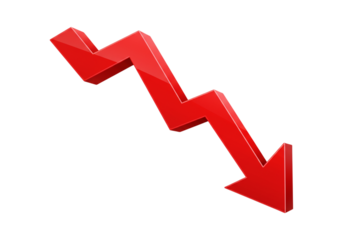 Red 3d downward zigzag arrow indicating decline or decrease on white background with loss and trend