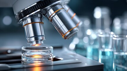 In a well-equipped laboratory, a microscope hovers above a glass slide, surrounded by colorful lab glassware. This scene captures the essence of scientific discovery and experimentation