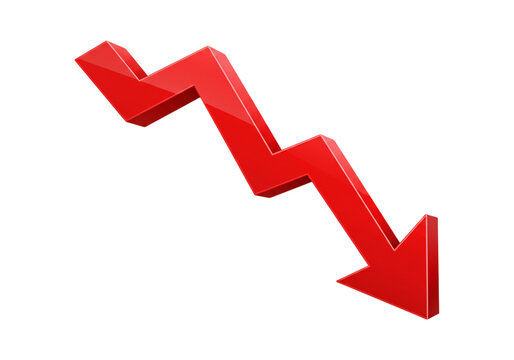 Red 3d downward zigzag arrow indicating decline or decrease on white background with loss and trend
