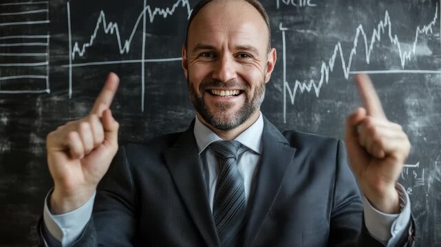 Businessman presents successful company profit report in front of financial charts in a corporate office during daytime