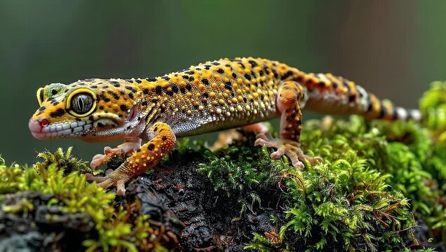 Detailed close-up of a vibrant leopard gecko on a mossy branch in nature.