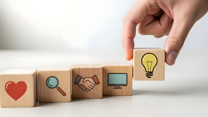 Hand places an idea block symbolizing creative problem-solving and strategic business development through innovation and insightful thinking for future growth
