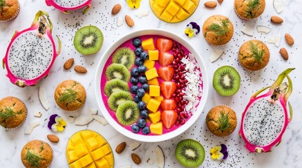 Healthy dragon fruit smoothie bowl topped with kiwi, mango, blueberries and strawberries with muffins