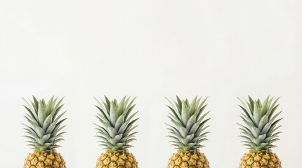 Minimalist Composition of Four Fresh Pineapples Lined Up Against a Clean White Background