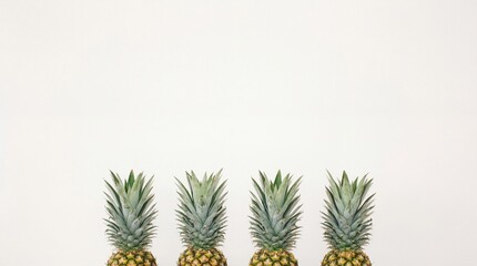 Row of Four Whole Pineapples on a Bright White Background with Plenty of Copy Space