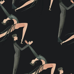 Couples on the parquet dancing La. Professional dancers on the performance. Seamless watercolor pattern for the design of the corporate identity of the brand of the dance school for adults.