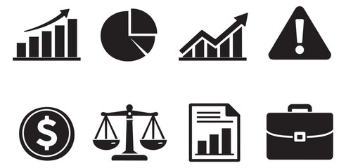 Minimalist business icon set featuring financial charts, a dollar coin, legal scales, and a briefcase for data analysis and financial concepts