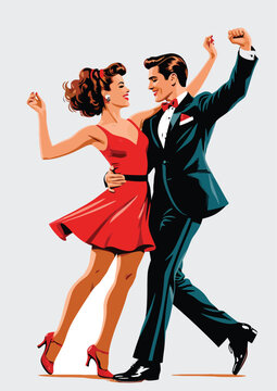 059-31-Cheerful couple enjoying a swing dance in a retro, vintage illustration style