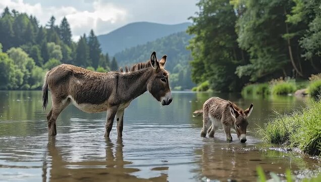 Donkeys wading in a river, enjoying the cool water on a sunny day.