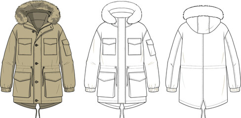 Winter parka jacket design, technical fashion sketch, front and back view, fur hood coat, garment construction, apparel flat vector illustration © Mst
