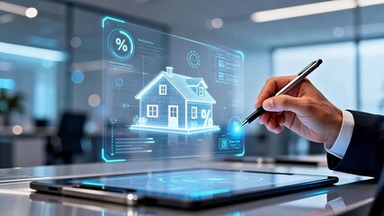 Hand using digital pen on futuristic house hologram - Powered by Adobe