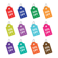 Set of Colorful Sale Tags Featuring 50% Off Promotions for Retail and Shopping