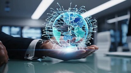A business person's hand holding a glowing holographic globe representing global network and digital connectivity in a modern office. - Powered by Adobe