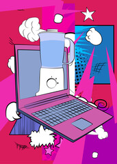 Cartoon Laptop, comic book Notebook with Food Blender. Retro vector comics pop art design.
