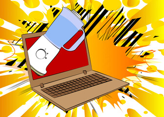 Cartoon Laptop, comic book Notebook with Food Blender. Retro vector comics pop art design.