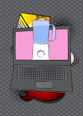 Cartoon Laptop, comic book Notebook with Food Blender. Retro vector comics pop art design.