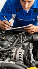 Obraz premium Mechanic Writing on Clipboard over Car Engine