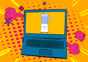 Cartoon Laptop, comic book Notebook with Food Blender. Retro vector comics pop art design.