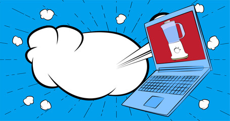 Cartoon Laptop, comic book Notebook with Food Blender. Retro vector comics pop art design.