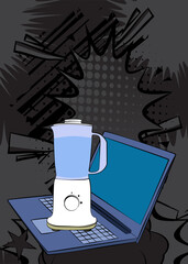 Cartoon Laptop, comic book Notebook with Food Blender. Retro vector comics pop art design.