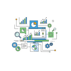 Infographic illustration of business analytics and data visualization with various charts and graphs on a white background in a colorful and modern style.