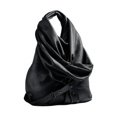 Black leather bag draped, crossbody style on adjustable strap