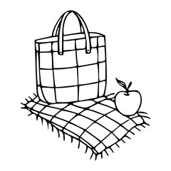 picnic basket with apple on plaid blanket line art