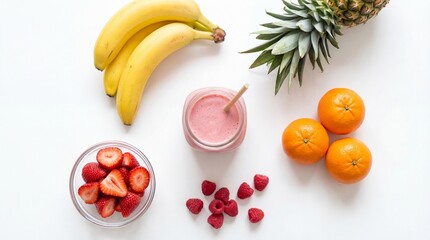 Healthy Pink Fruit Smoothie in a Glass Jar Surrounded by Bananas, Oranges, Pineapple, and Berries