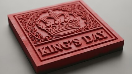 Red intricately carved stamp with crown and King's Day inscription on a clean background