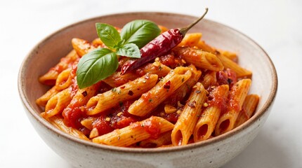Authentic italian penne pasta with tomato sauce, herbs, and red chili pepper in a ceramic bowl, close up view of delicious food.