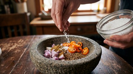 Chef's hand seasoning fresh ingredients with sea salt in a stone mortar and pestle while preparing a traditional spice paste.