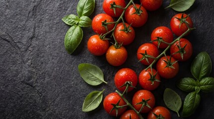 Fresh cherry tomatoes and aromatic basil leaves arranged on a black stone surface, highlighting fresh ingredients for healthy cooking.