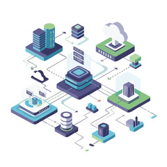 Isometric illustration of a network infrastructure with interconnected servers, databases, and buildings in a futuristic tech environment with blue and green hues.