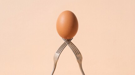Creative food photography showing a brown egg resting on the points of two crossed forks, exploring concepts of balance and fragility.