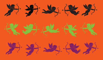 Cupid silhouettes in various colors on orange background