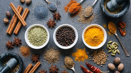 Aromatic Culinary Spices and Herbs Scattered on Dark Background with Mortar and Pestle for Cooking