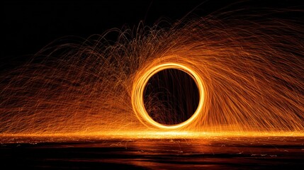 Captivating nighttime display of spinning fire