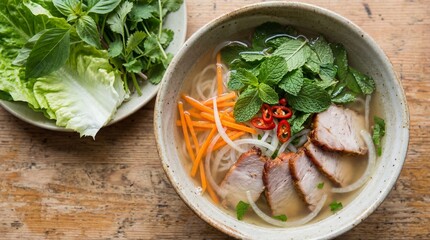 Close up View of Vietnamese Pho Noodle Soup with Roasted Pork and Fresh Herbs on Wooden Table