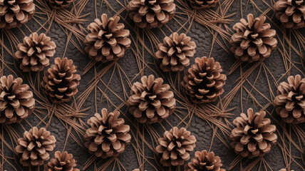 Beautiful seamless repeating pattern featuring numerous detailed brown pine cones scattered artfully across a dark textured background interspersed with delicate, fine brown pine needles for natural h