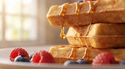 Stack of Delicious Homemade Waffles with Honey Drip and Mixed Berries for Healthy Breakfast